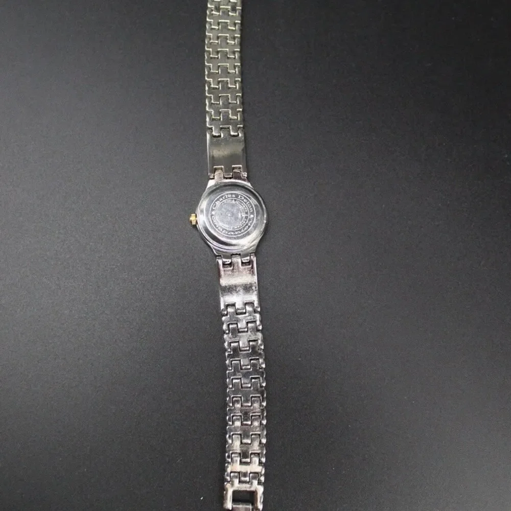 Charles Delon Black Dial Round Silver Tone Case Two Tone Band Watch New battery